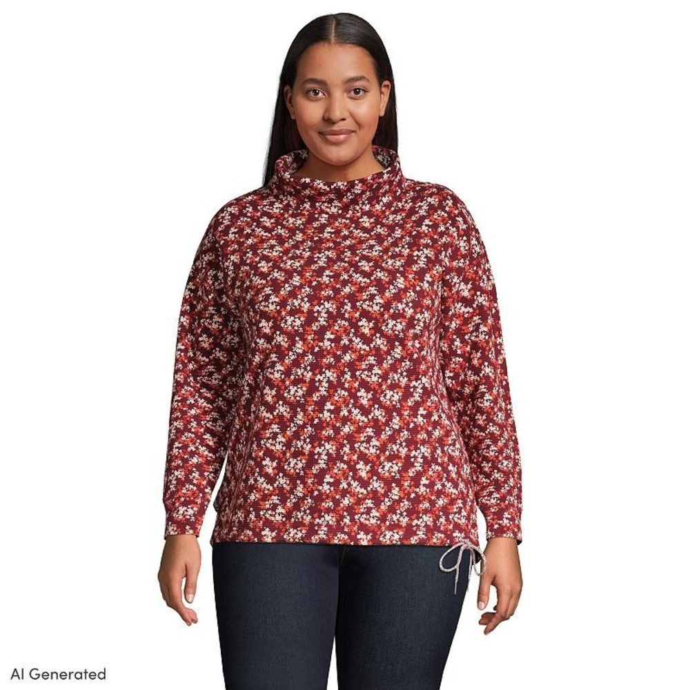 Lands End Waffle Knit Textured Funnel Neck Burgundy Floral Tunic Cotton 3X Fall
